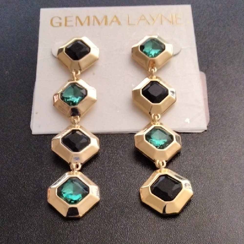Gold-tone Black and Green Hexagon Drop Earrings